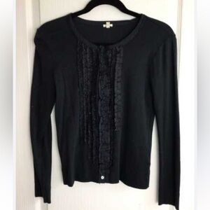 J. Crew Navy Blue Cotton Cardigan Sweater with Silk Ruffles size Large